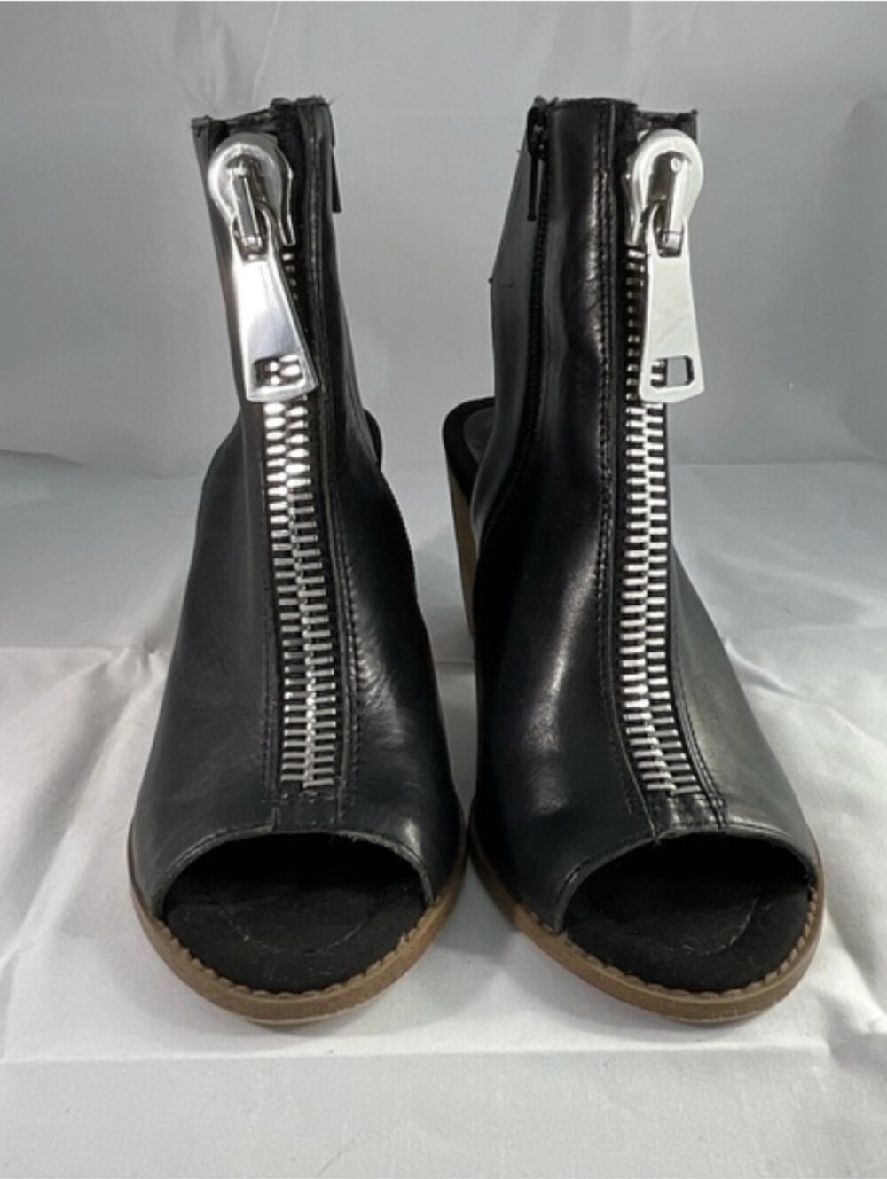 Aldo chunky zipper stacked heel open toe leather booties